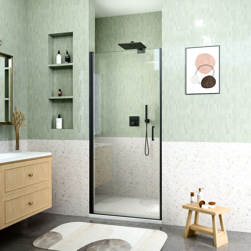 32" W X 72" H Semi - Pivot Shower Door Matte Black, 6Mm / , Zero Leakage, Multifunctional Shaft Door, 1/4"  6Mm  Tempered Glass, Space Saving, Magnetic Soft Close