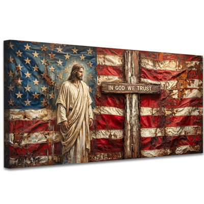 Art chrétien chrétien sur toile, images de drapeau américain rétro, grande croix patriotique dans God We Trust, impressions sur toile pour salon, décoration murale pour la maison, 16 po x 32 po