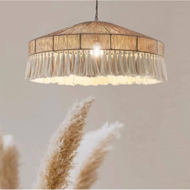 Rattan Chandelier- Bamboo Lampshade- Wicker Light Shade- Pendant Ceiling Light- Handmade Light Shade- Macrame Decor-Linen Light Fixture
