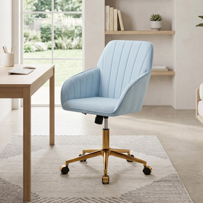 Chaise de bureau pivotante Kena, hauteur réglable, velours capitonné bleu, or