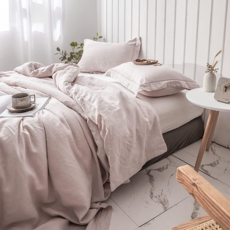 Ensemble de housse de couette 100% lin, Housse de couette simple + 1 taie décorative, Rose poudreux