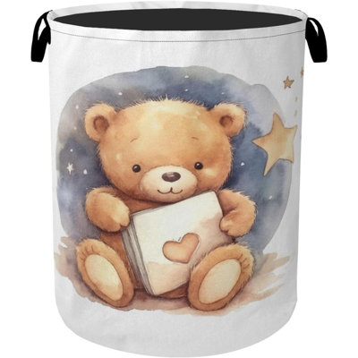 Cute Bear Good Night Foldable Canvas Laundry Basket With Handles Toy Organizer Heavy Duty For Home Bedroom Dorm Bathroom