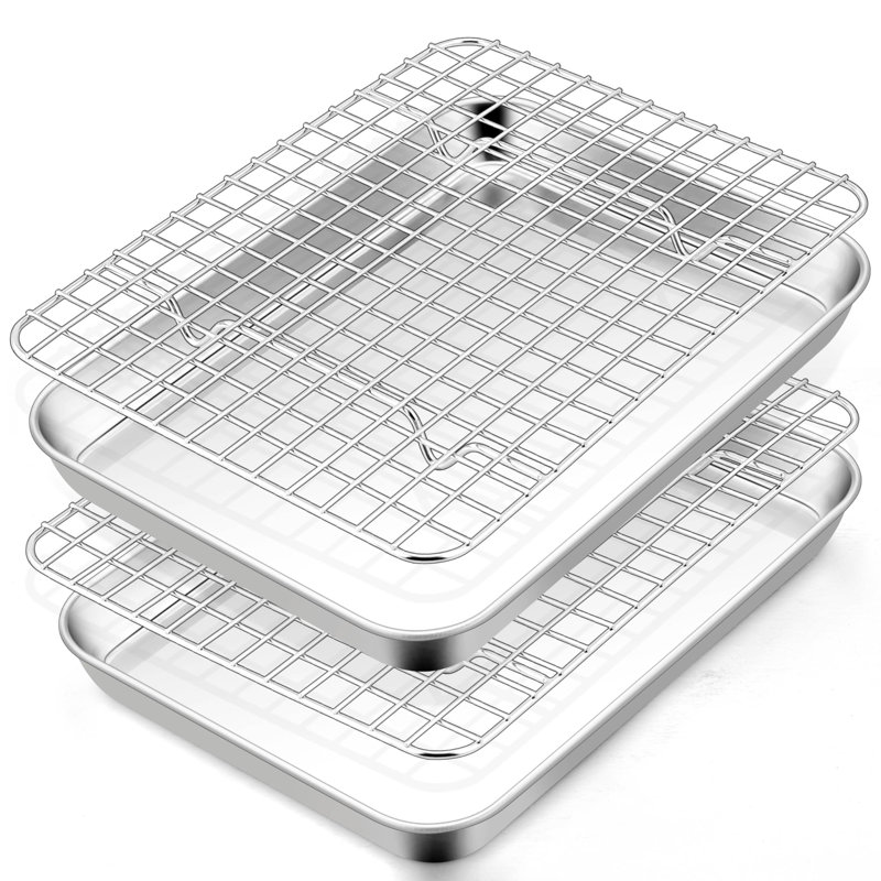 Grille-pain grille-pain avec support, mini-plateau de cuisson en acier inoxydable de 9 po x 7 po x 1 po avec grille pour rôtir, non toxique et robuste, va au lave-vaisselle (2 casseroles + 2 grilles)