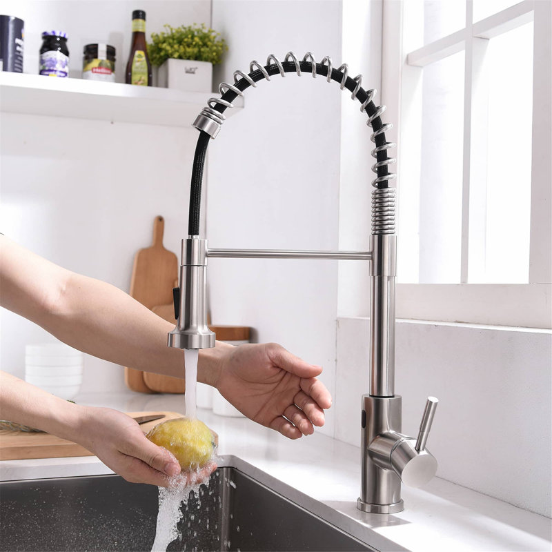 Robinets d'évier de cuisine à poignée simple rétractable avec accessoires, Nickel brossé
