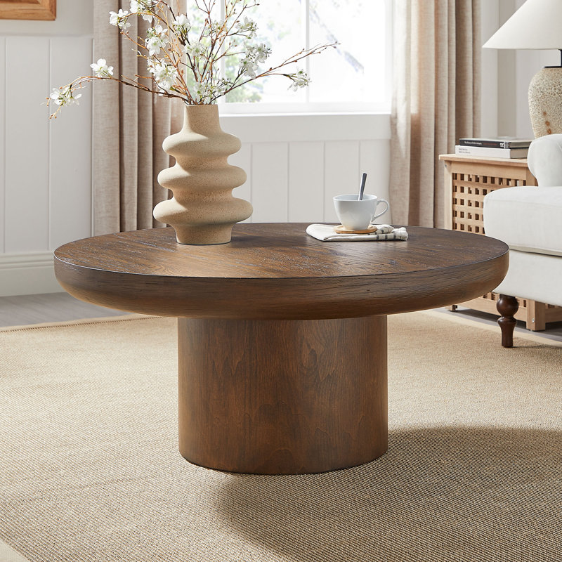 Table basse ronde de 35,98 pouces avec pieds cylindriques, table de table en placage de bois, table d'appoint de canapé arrondie pour le bureau du salon