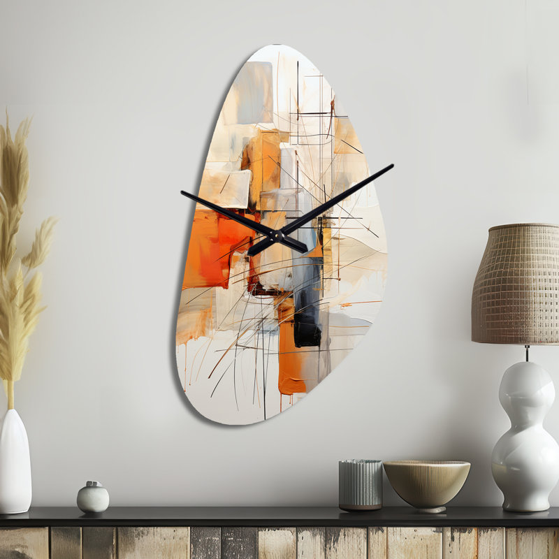 Orange gris, dessin au trait abstrait expressionnisme - horloge asymétrique en métal, horloge murale moderne, Médium
