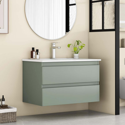 Meuble-lavabo mural de 32 po avec lavabo combiné, tiroirs doubles, façades de tiroirs arrondies, système de fermeture en douceur, lavabo en céramique, conception sans poignée, bois massif, facile à installer, le robinet n'est pas inclus