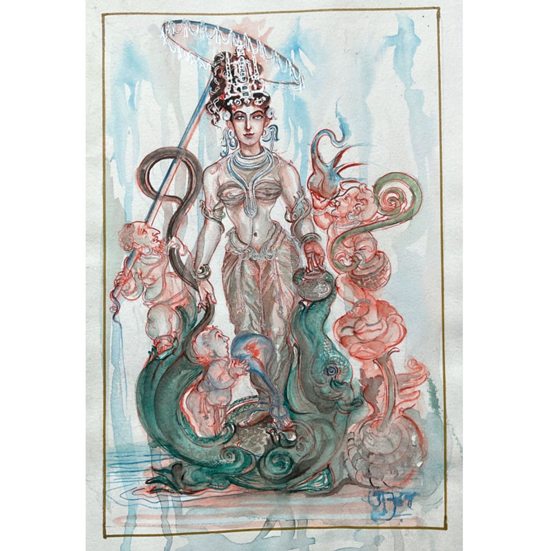 Déesse Gange sur Makara accompagné de nains | Peinture à l'aquarelle | Anuj Shastrakar
