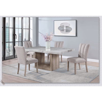 SHEENA 5PC Dining Table Set with Natural Wood and Faux Marble, Perfect for Modern and Elegant Dining Spaces