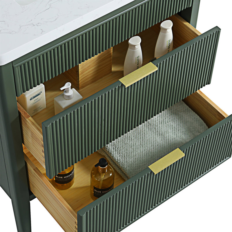 Ensemble de meuble-lavabo autoportant avec poignées et plateau en marbre d'ingénierie, 30", Vert
