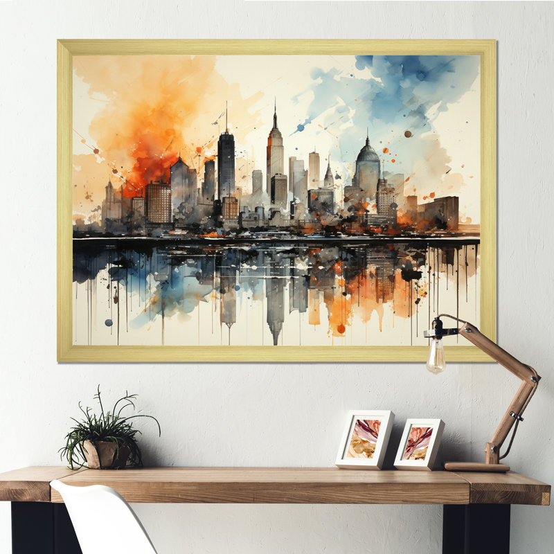 Aquarelle colorée de paysage urbain coloré de New York II - New York, H 34 po x l 44 po x P 1,5 po, Cadre doré simple