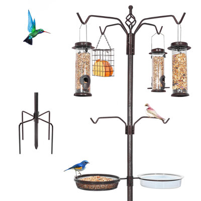Ensemble de station de ravitaillement d'oiseaux, support de poteau d'alimentation pour oiseaux suspendu à l'extérieur avec 4 mangeoires, suif en métal et plateau de bain pour l'observation des oiseaux sauvages