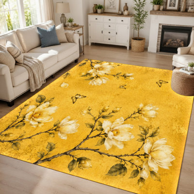 Tapis d'intérieur 1 pièce, motif magnolia et papillon jaune vif - Motif floral artistique, poils courts, lavable, fin et léger, envers antidérapant, idéal pour le salon, la chambre, la cuisine ou le bureau.