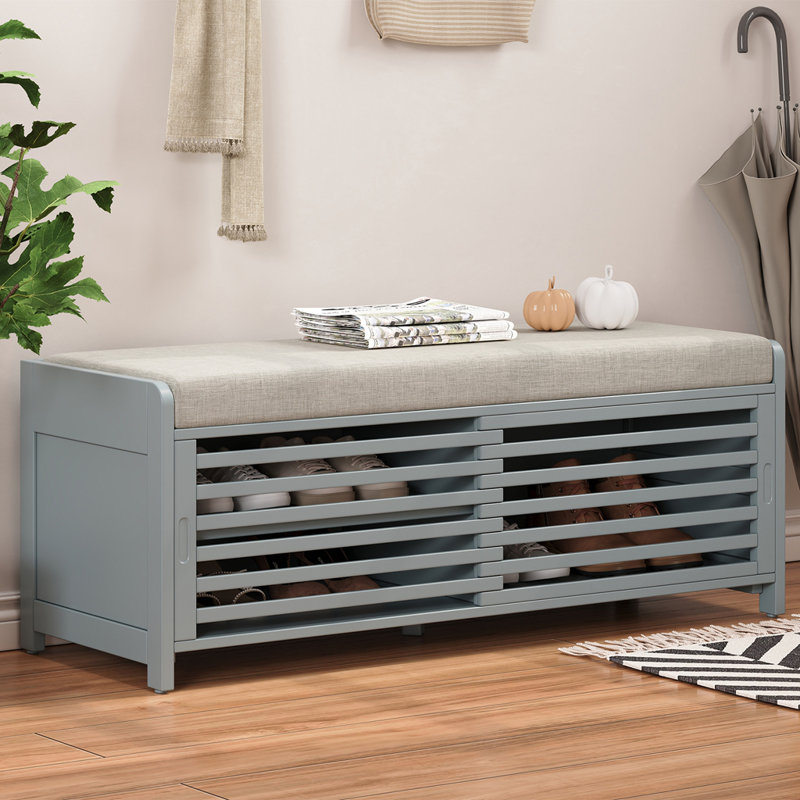 Distressed Shutter Storage Bench with Acacia Veneer, Gray