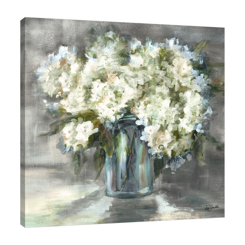 «White & Taupe Hydrangeas In Mason Jar II», reproduction sur toile tendue, H 12 po x l 12 po x P 1,5 po