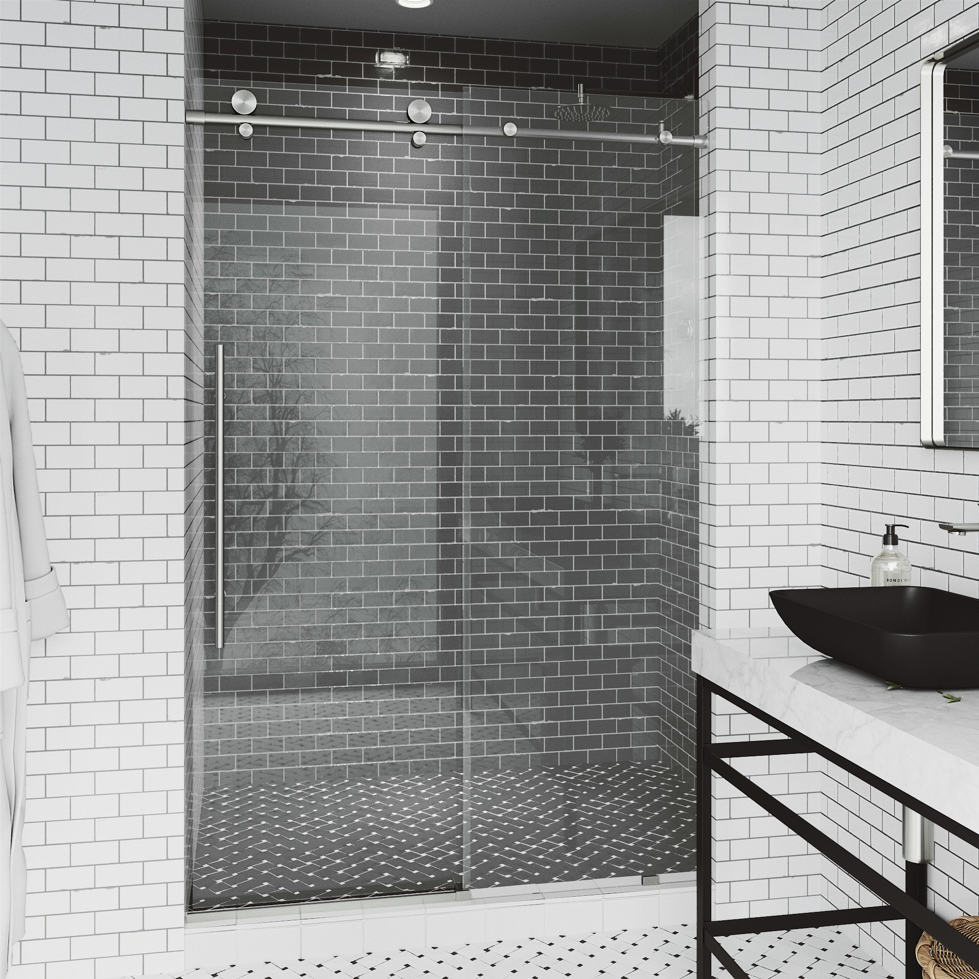 Elan E-Class 60-64" W x 76" H Sliding Frameless Shower Door with 3/8" Clear Glass, Stainless Steel