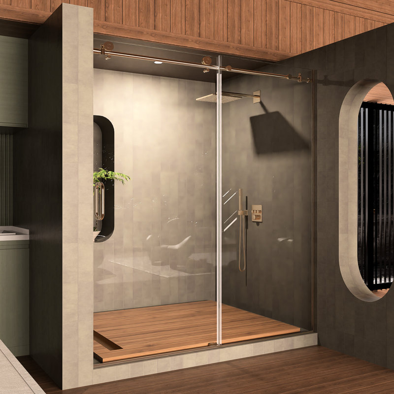 58 - 60 po L 76 po, porte de douche en alcôve coulissante, verre trempé 5/16 po, nickel brossé, couloir sans coupure pour salle de bain Build 58-60, passage 24-26