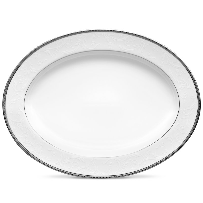 White Ceramic Oval Serving Platter with Platinum Trim