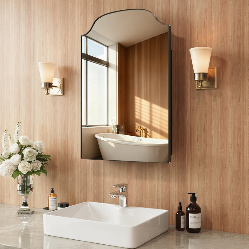 Armoire à pharmacie de salle de bain arquée 20 po x 30 po avec miroir, armoire de rangement encastrée / à fixation murale, structure en métal noir, installation facile pour meuble-lavabo de salle de bain