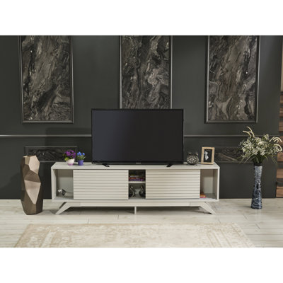 Meuble télé gris style Mid-Century Modern, 170 cm (67 po), avec 2 portes coulissantes et étagères, idéal pour un corridor ou un espace de divertissement à domicile.