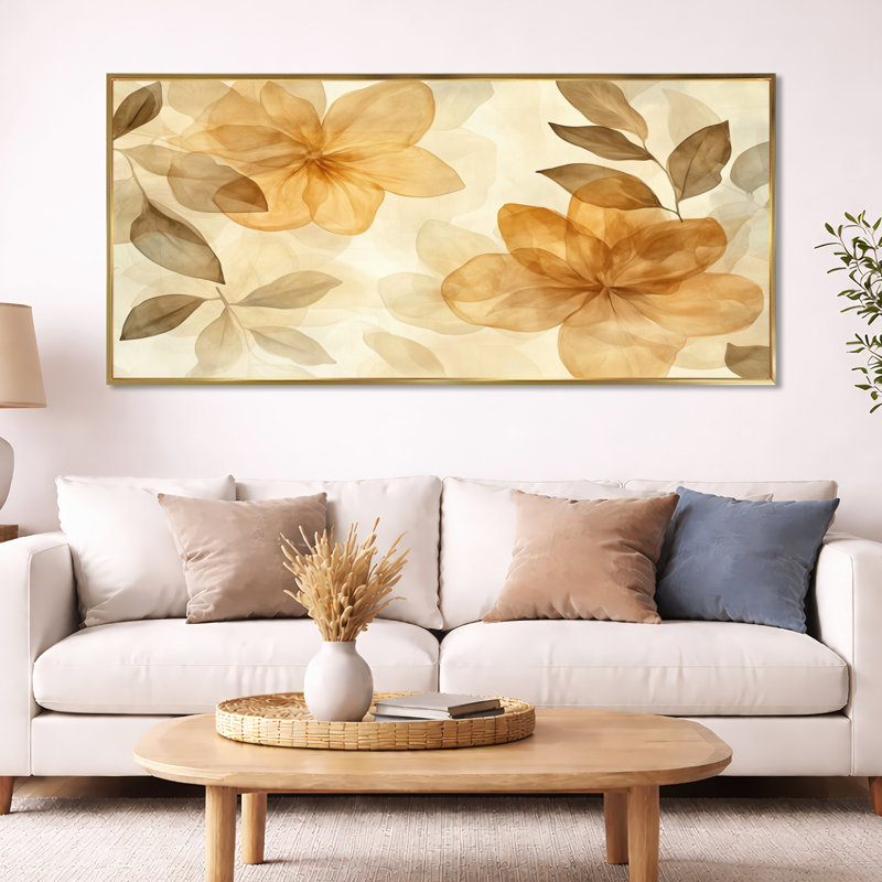 Caramel Botanical Fade II - art mural moderne brun, H 28 po x l 60 po, Cadre flottant doré