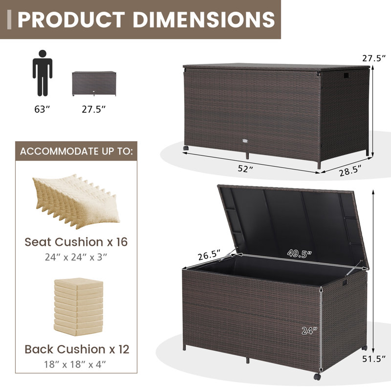 Gymax 52'' W 133 Gallons Water Resistant Wicker Deck Box with Wheels in Mix Brown