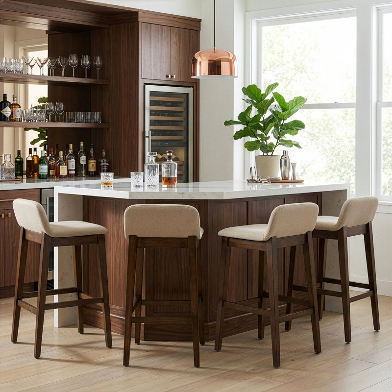 Auliffe Upholstered Bar & Counter Stool, Dark Brown, Beige, Bar Stool (28.9” Seat Height)