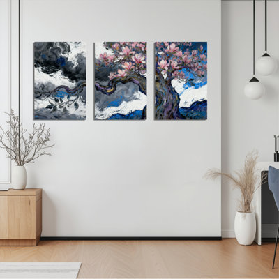 Cerisier en fleurs avec ciel dramatique, reproduction d'art sur toile tendue sur toile, ensemble de 3
