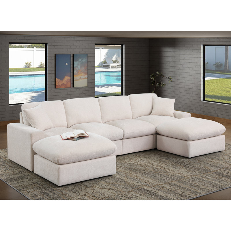 Sectional Sofa With 2 Ottomans, Beige