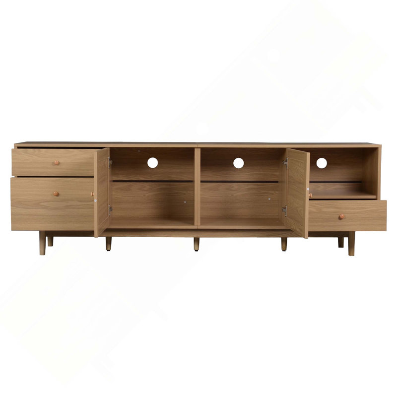 Meuble télé Boho avec porte en rotin véritable, rangement ouvert et tiroirs pour téléviseur 65, 75, 85 pouces Boho