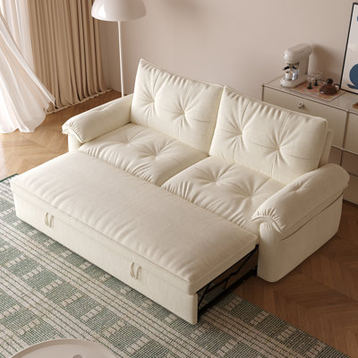 Multi-Functional Convertible Sleeper Loveseat Sofa, Cream Tufted Linen Pull Out Guest Bed with Hidden Mattress and Arm Side Storage for Compact Living Room Small Studio Apartment
