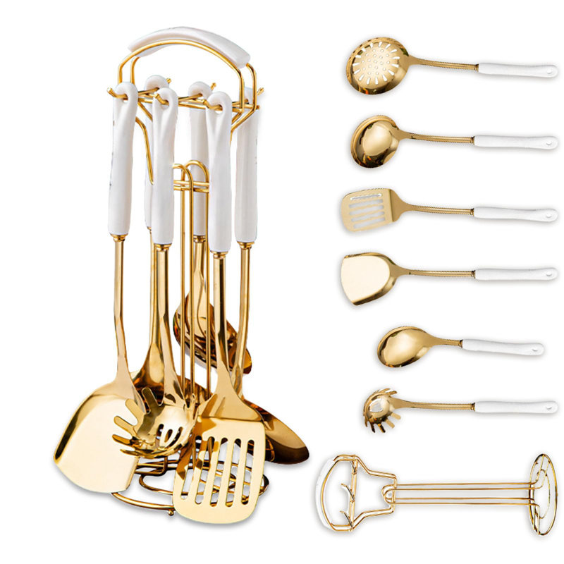 Ensemble d'ustensiles de cuisine 7 pièces en acier inoxydable avec support rotatif - Ustensiles polis miroir de qualité supérieure