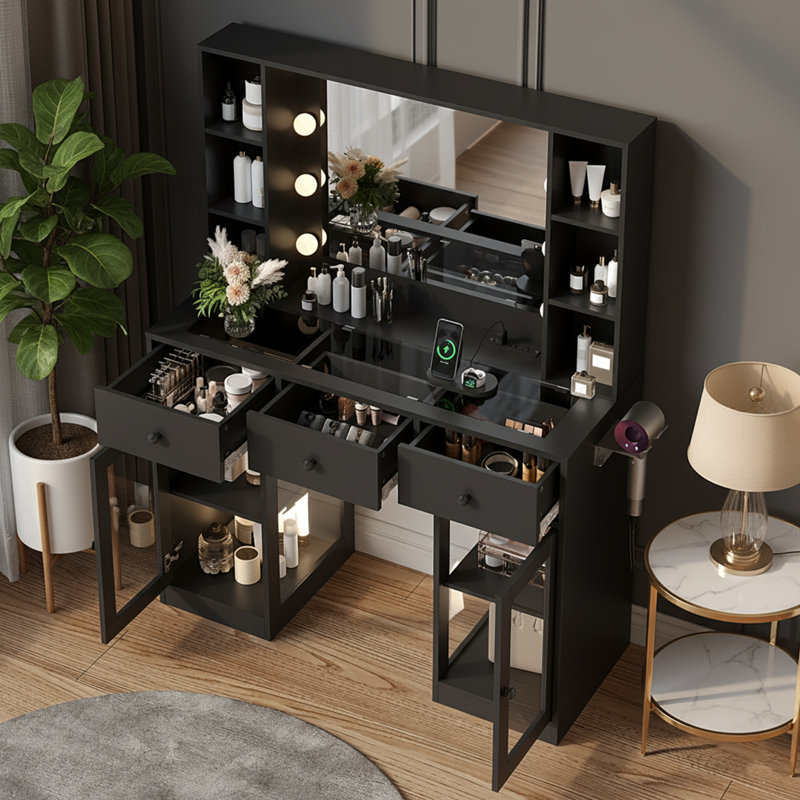 Modern Dressing Table with Glass Top - 3 Drawers, 2-Tier Shelves, Glass Doors & Hair Dryer Holder, Black