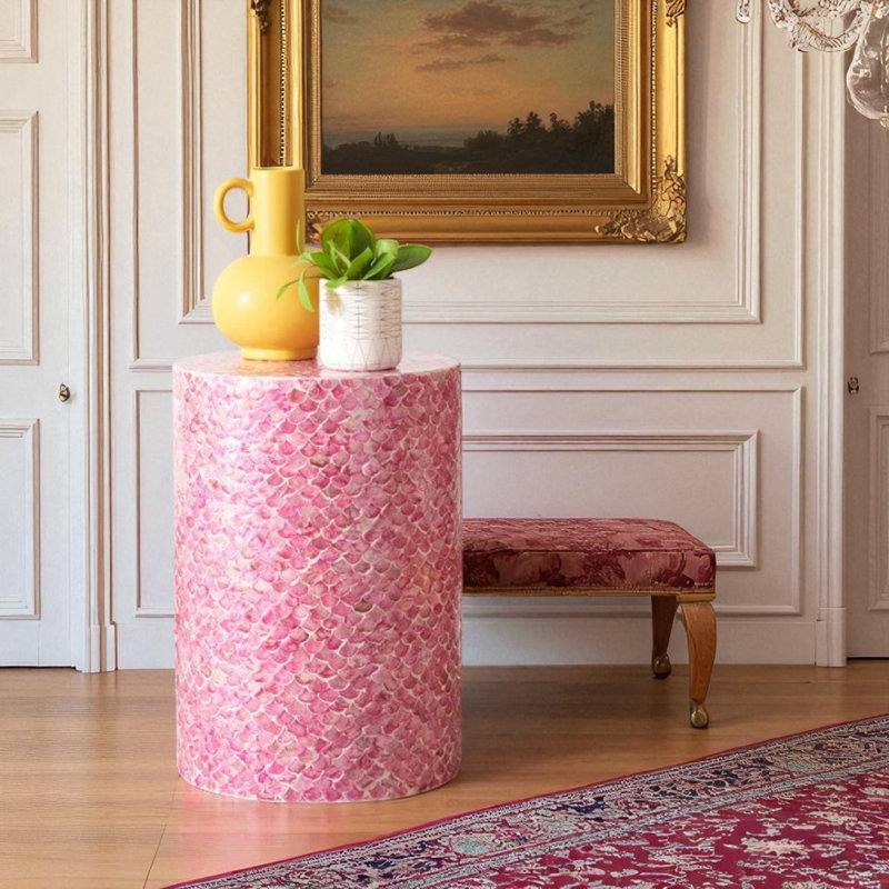 Table d'appoint ronde de 14 pouces à motif écailles de poisson, élégante table de bout rose foncé pour tout décor