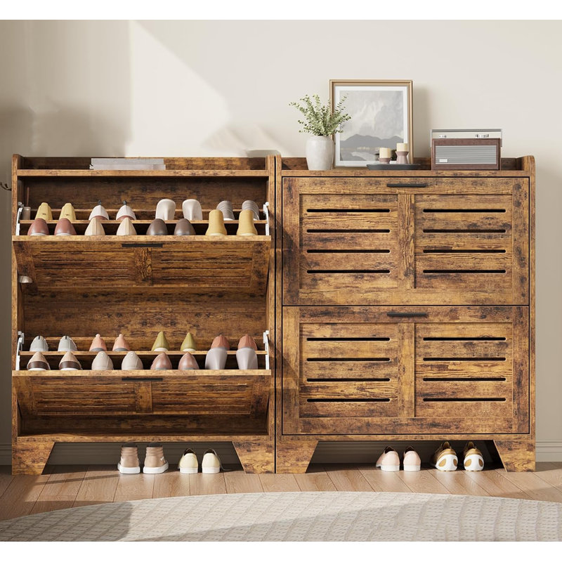 Shoe Cabinet Storage For Entryway, Narrow Shoe Cabinet With 2 Flip Drawers, Brown