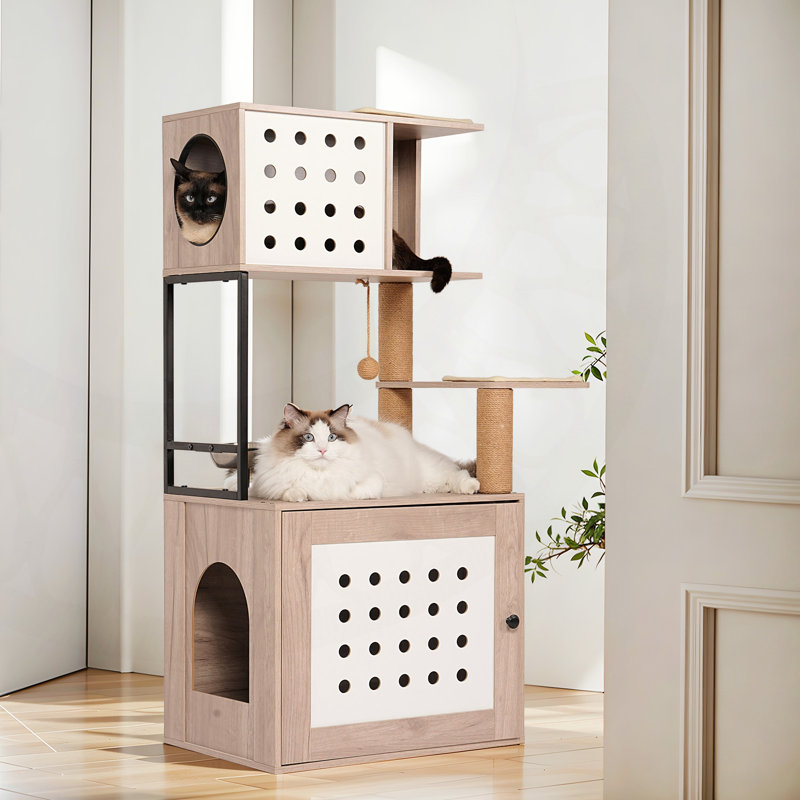 Arbre à chat tout-en-un avec bac à litière, hamac, lit, station d'alimentation et poteaux à griffer pour chats d'intérieur.