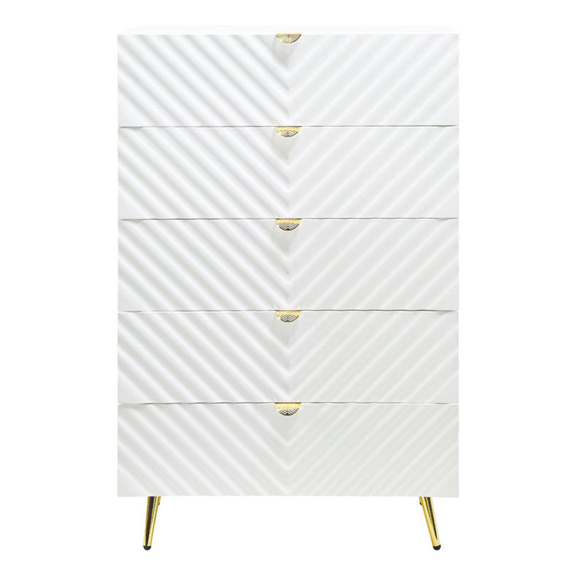 Commode 5 tiroirs Gaines, finition blanche ultrabrillante