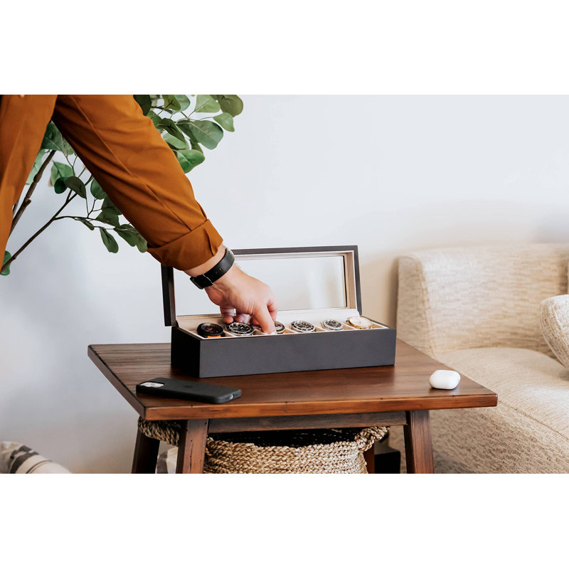 Solid Espresso Wood Watch Box Organizer With Glass Display Top