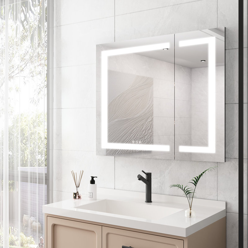 Armoire de rangement pour salle de bain 36 po x 30 po - Brouillard miroir à DEL, portes doubles, contrôle de la luminosité 3000K 6000K, 4 tiroirs avec porte de brouillard éclairée et zone de couleur réglable