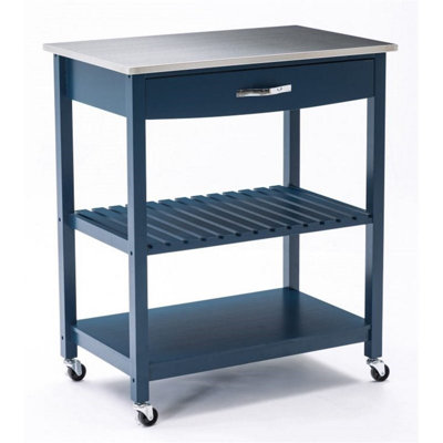 Pemberly Row Wood Kitchen Cart with Stainless Steel Top in Navy Blue