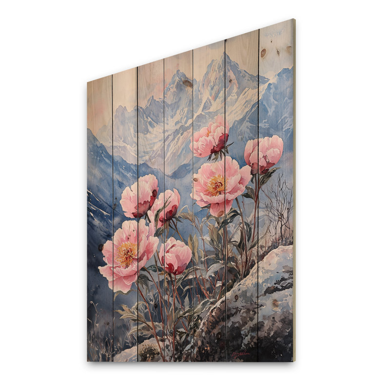 Pivoines par les sommets enneigés II - impression de pivoines sur bois de pin naturel, H 32 po x l 24 po x P 0,78 po