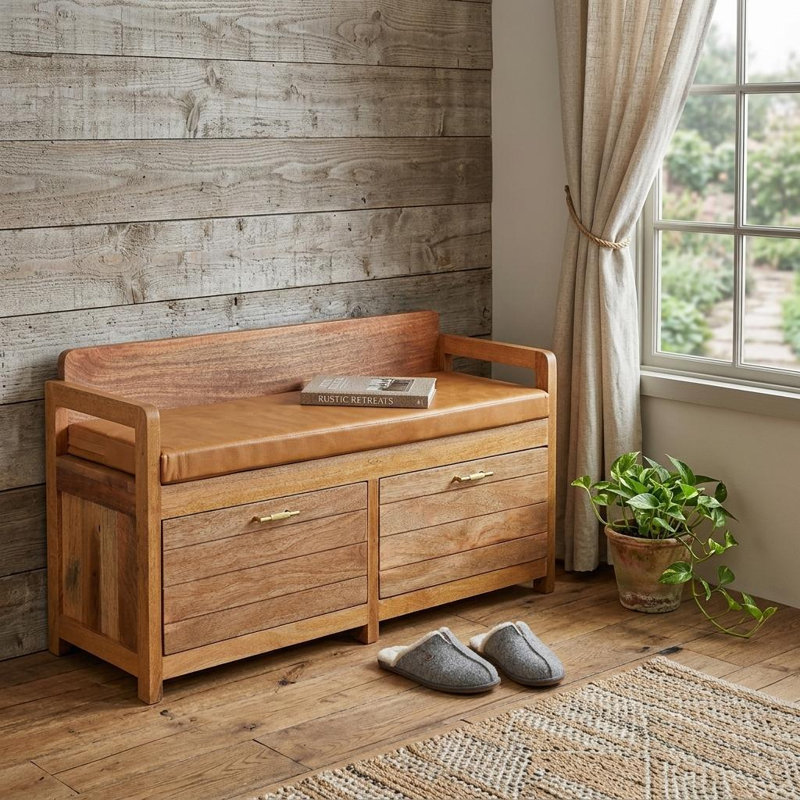 Banc de rangement rembourré en cuir véritable brun clair et chêne massif 39 pouces avec tiroirs Gracie Mills, Tanné