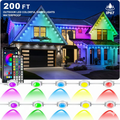 Permanent Outdoor Lights,200FT RGB Eave Light,IP67 Waterproof Lighting For House,Smart LED With App/Remote Control For Outdoor Decor,Garden Decor,Party,Holiday