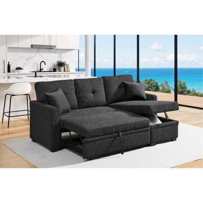 Canapé modulaire 76,5 po en mélange de lin à 3 places avec lit escamotable, rangement pour chaise longue réversible, conception, coussins en mousse mi-ferme, noir anthracite, assise facile à assembler, rapide