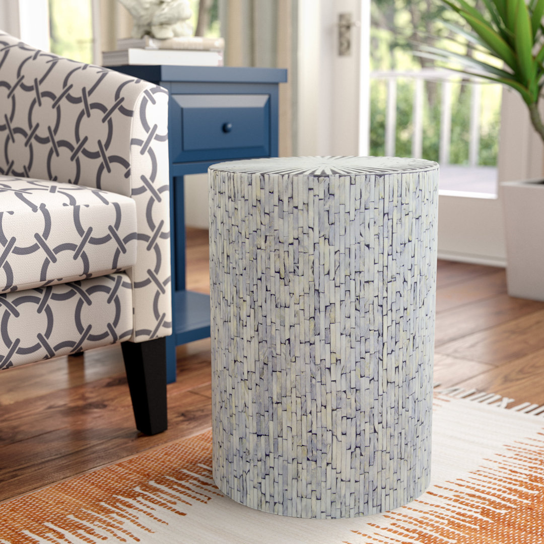 Catrina Mother of Pearl Shell Handmade Mosaic Drum Geometric Side End Accent Table Bayou Breeze