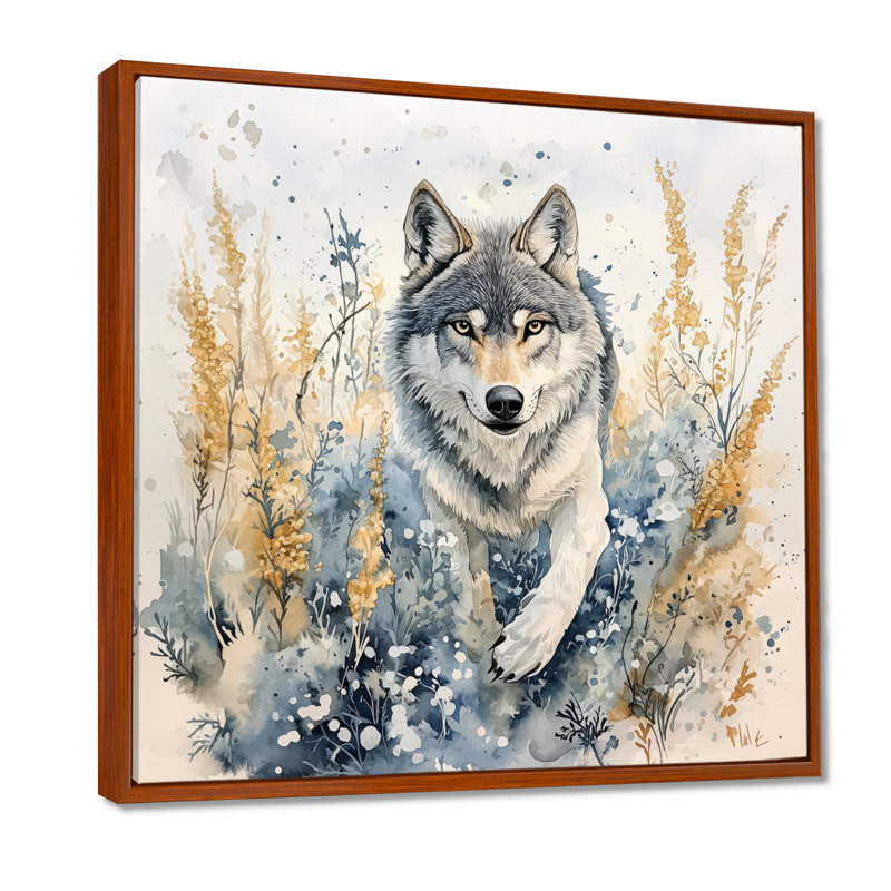 Loup qui court dans la prairie II - Décoration murale loup, Impression dans un cadre flottant sans passe-parto, Brun