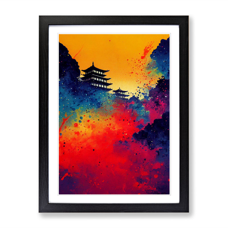Lionius Japanese Sunset Paint Splatter - Picture Frame Print, Black, 46cm H x 2cm W x 3cm D
