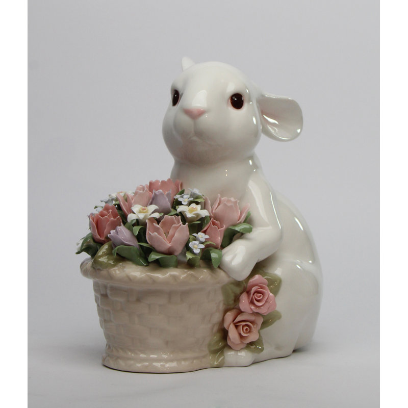 Fine Porcelain Easter Rabbit Holding a Flower Bouquet Figurine- 8 1/4"H