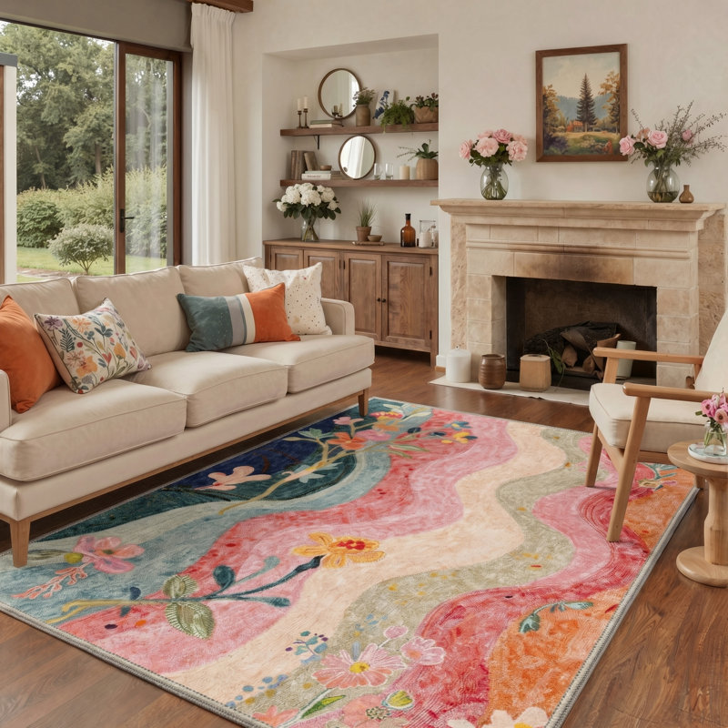 Tapis d'intérieur beige / rose / vert / bleu lavable à la machine avec envers antidérapant Verdalia, Rectangle 8' x 10'