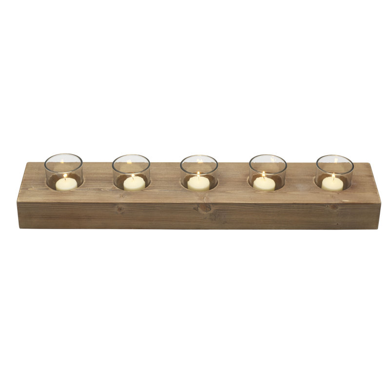 Rustic Natural Wood and Glass 23" Linear Candle Holder